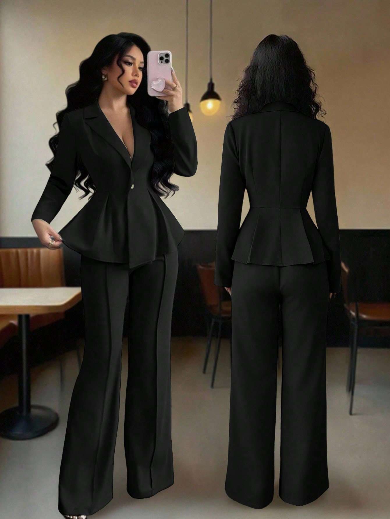 Women's Elegant Flared Pants Suit Set with Cinched Waist