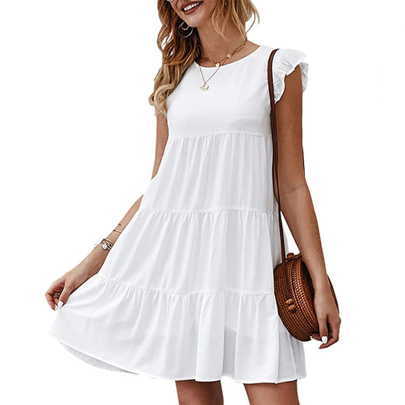Women's Solid Crewneck Short Sleeve Tiered Ruffle Midi Dress