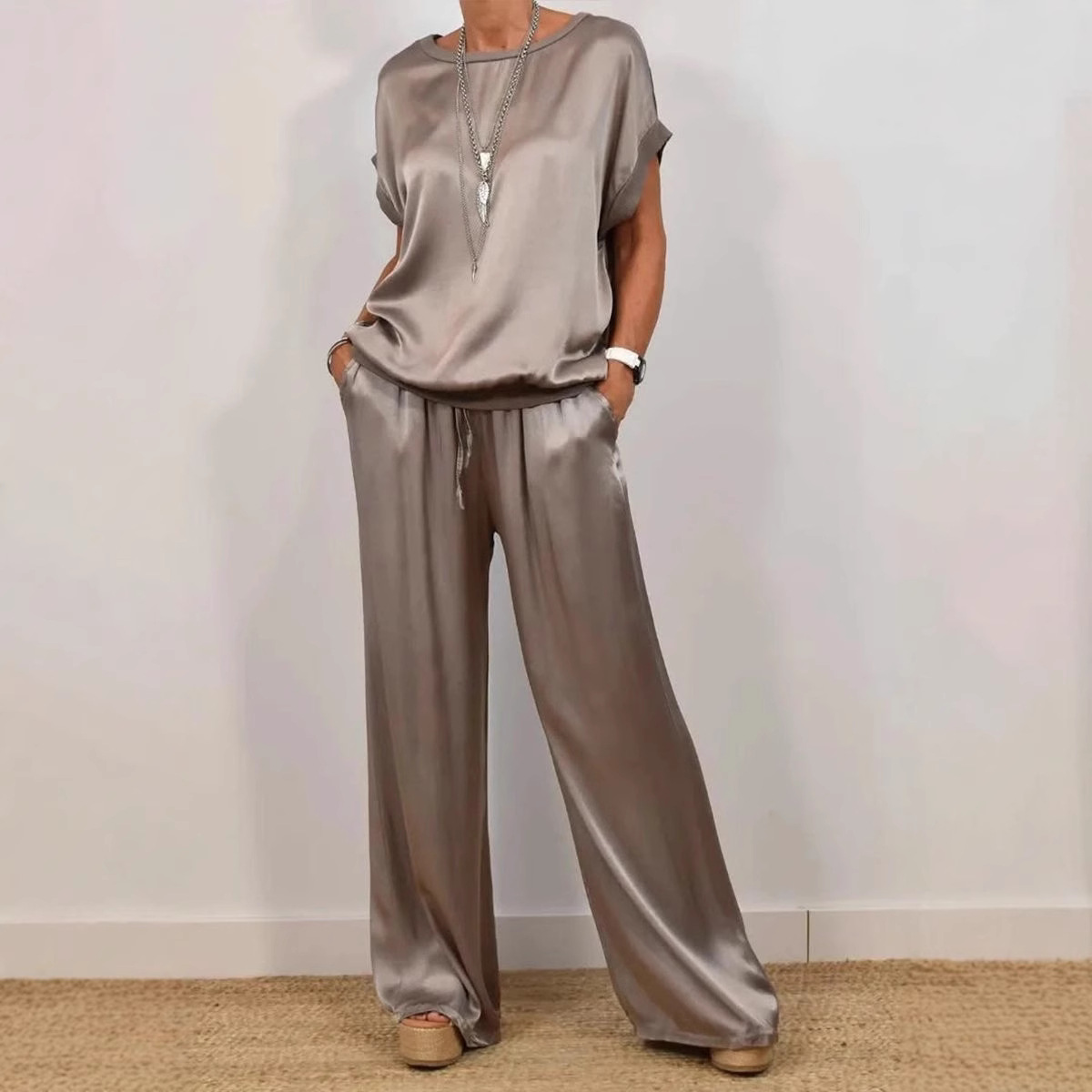 Relaxed-Fit Shirt & Wide-Leg Pants Casual Set