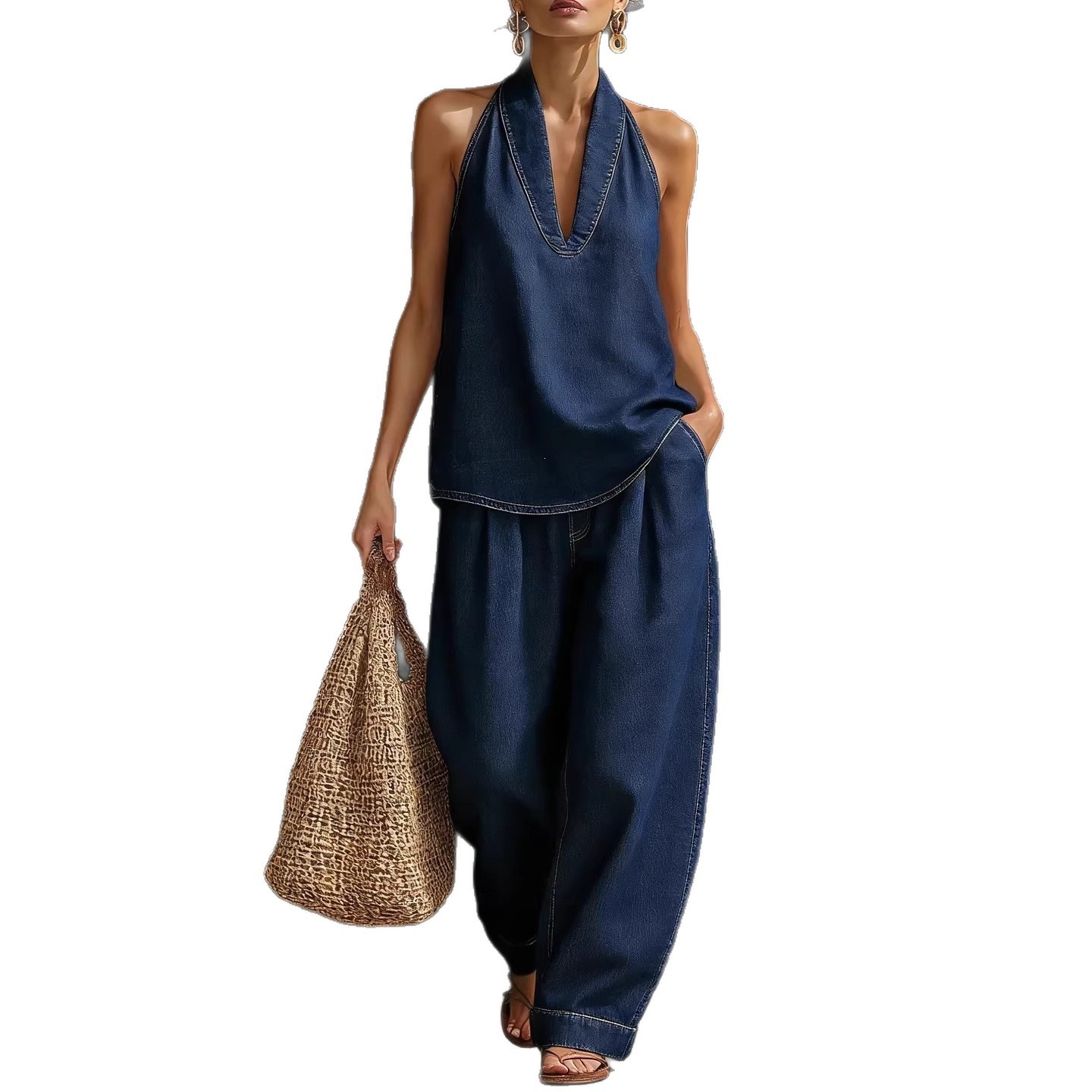 Women's Vintage Washed Denim Two-Piece Set with Straight-Leg Pants