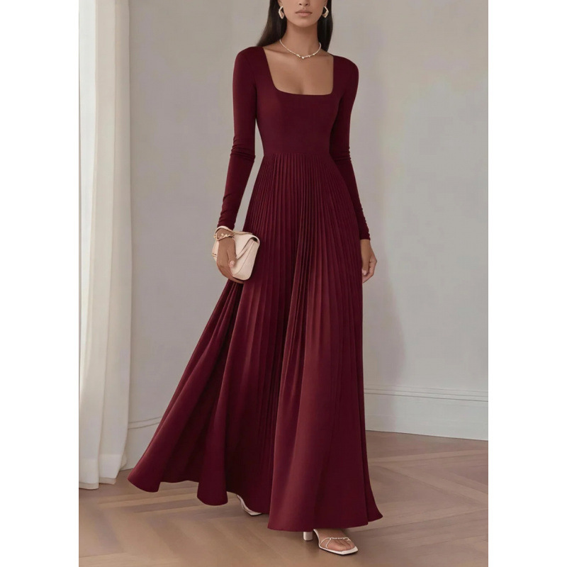Square Neck Long Sleeve Pleated Maxi Dress Waist-Cinched Evening Gown
