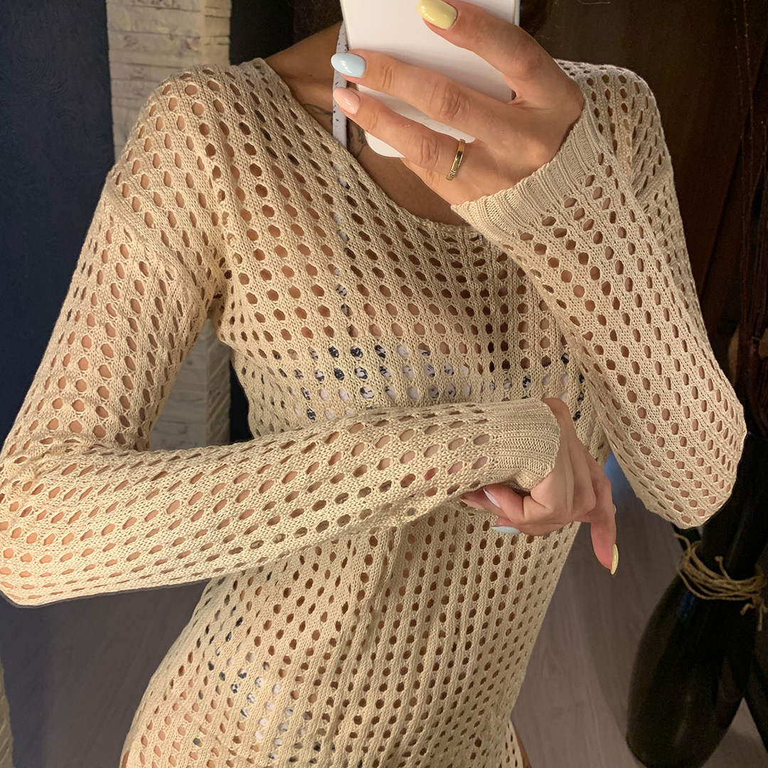 Open-Knit Long-Sleeve Sweater Bikini Cover-Up