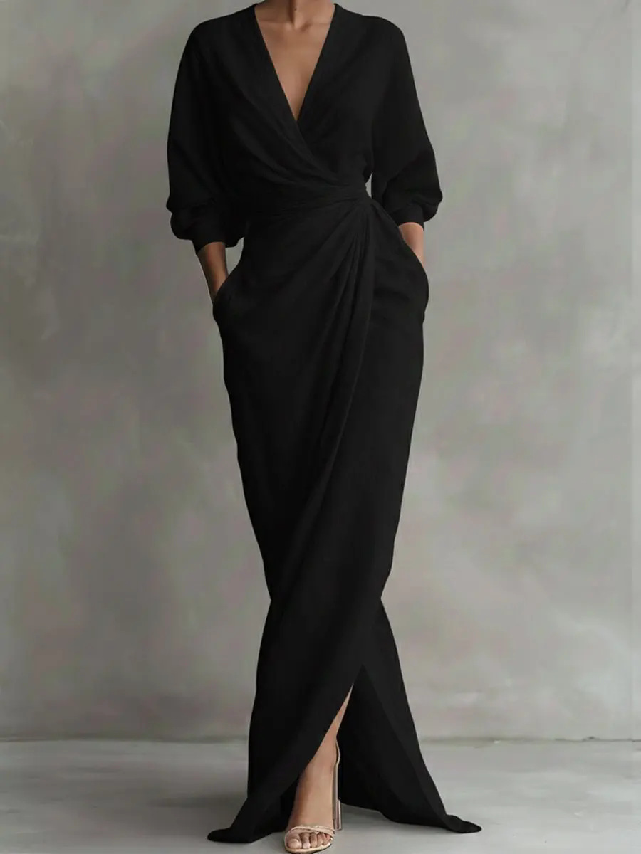 Elegant Solid V-Neck Long Sleeve Slit Waist Pocket Long Dress