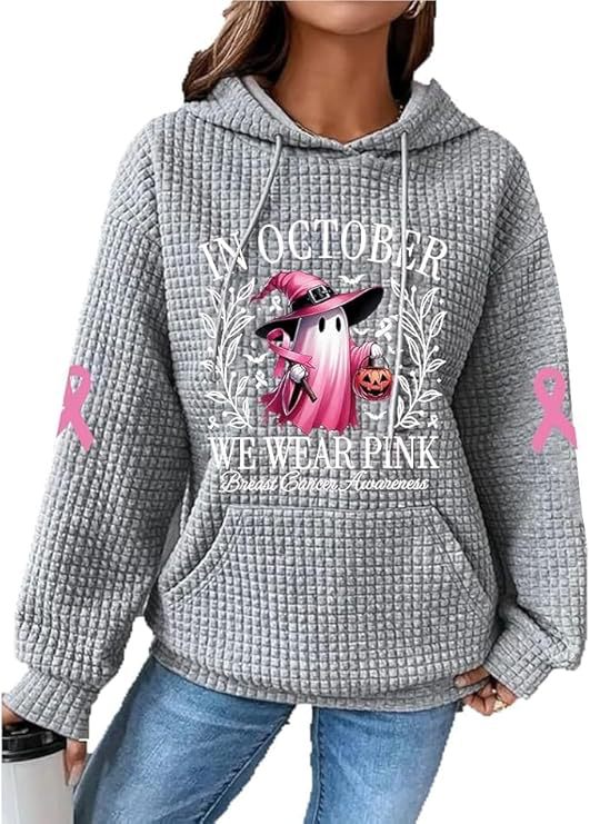 Women's Waffle Knit Hoodie with Cute Cartoon Ghost Print