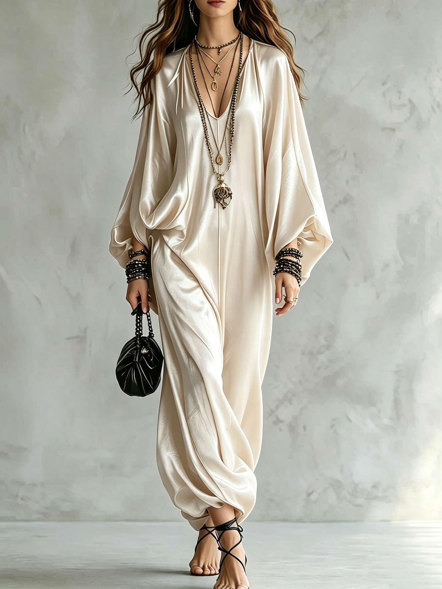 Women's Satin Jumpsuit Loose Wide-Leg Long Sleeve V-Neck