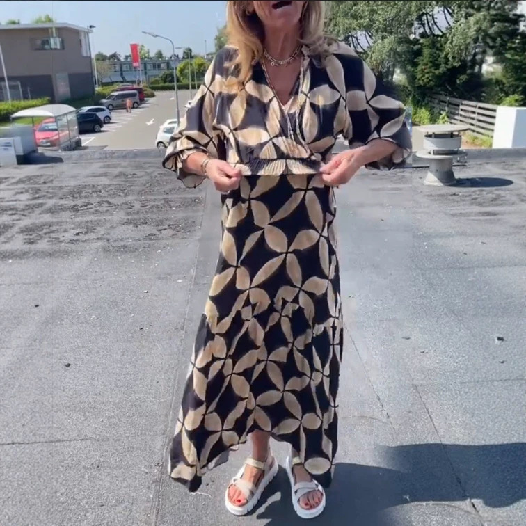 Women's Loose V-Neck Coin Print Maxi Dress