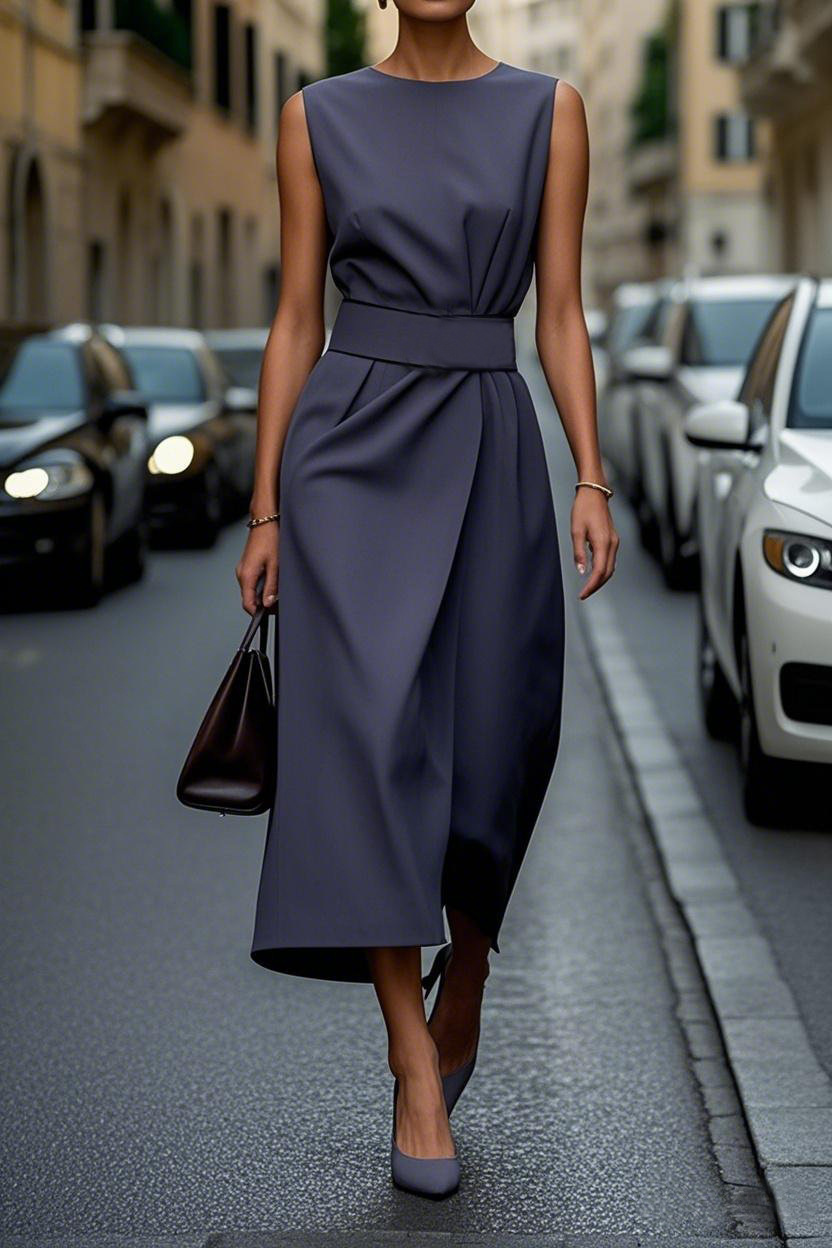 Women's Sleeveless Crew Neck Long Dress Casual Slim Fit