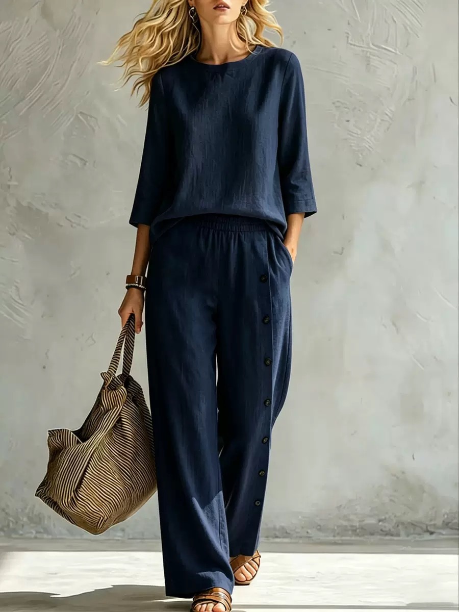 Women's Solid Color Button-Detail Two-Piece Pants Set Casual Loose Fit