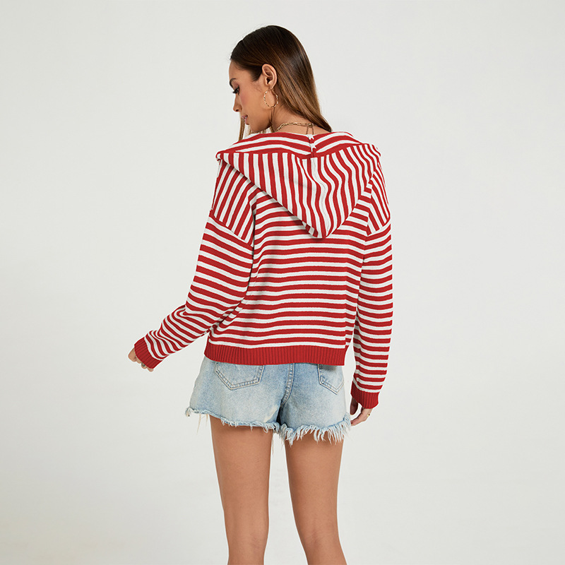 Striped Hooded Zip-Up Knit Cardigan
