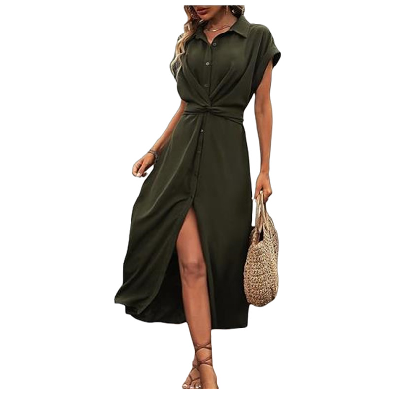 Women's Tie-Waist A-Line Midi Dress Short Sleeve Solid Color