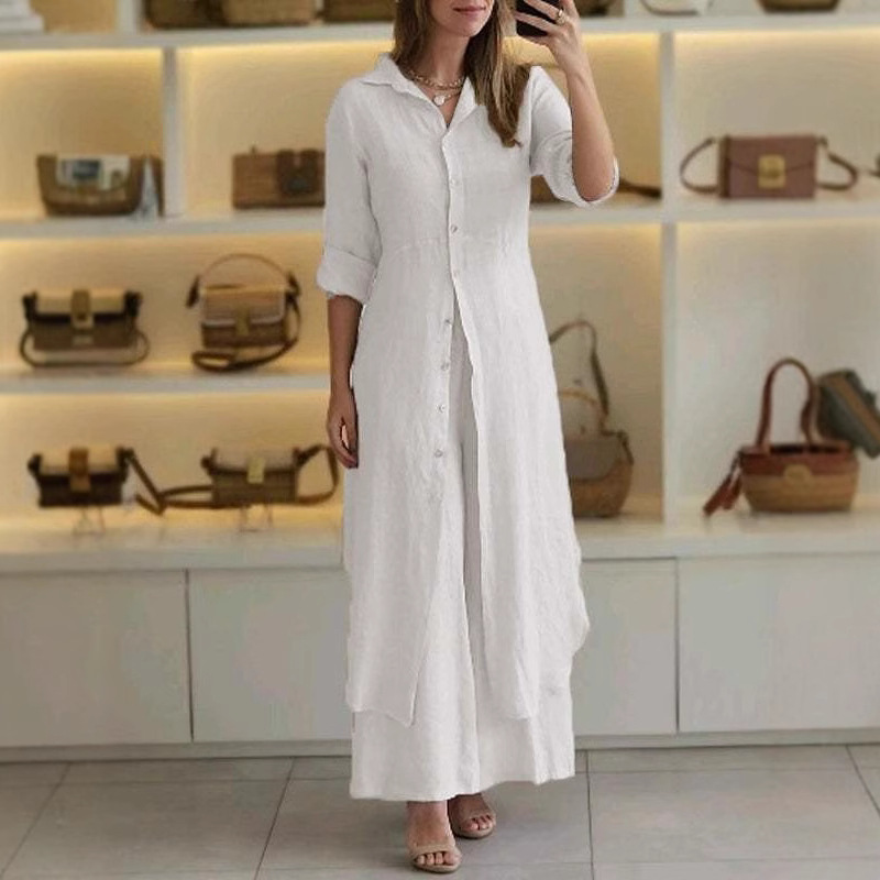 Women's Cotton-Linen Fitted Waist Long-Sleeve Shirt & Wide-Leg Pants Set