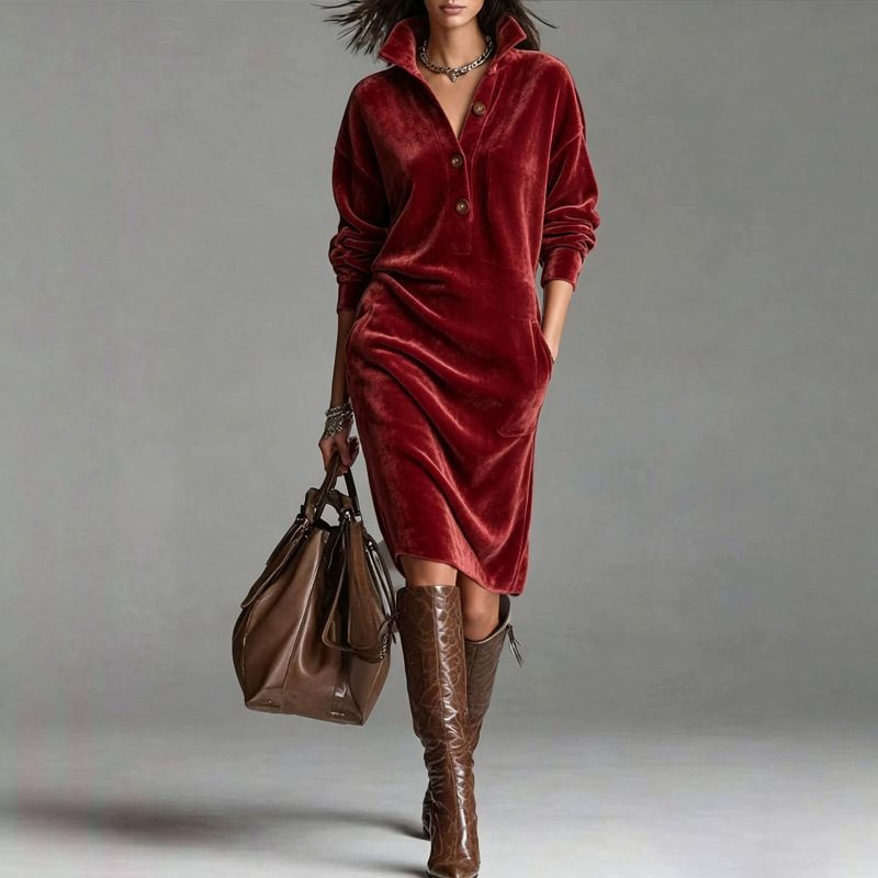 Elegant Western Velvet Button Pocket Dress