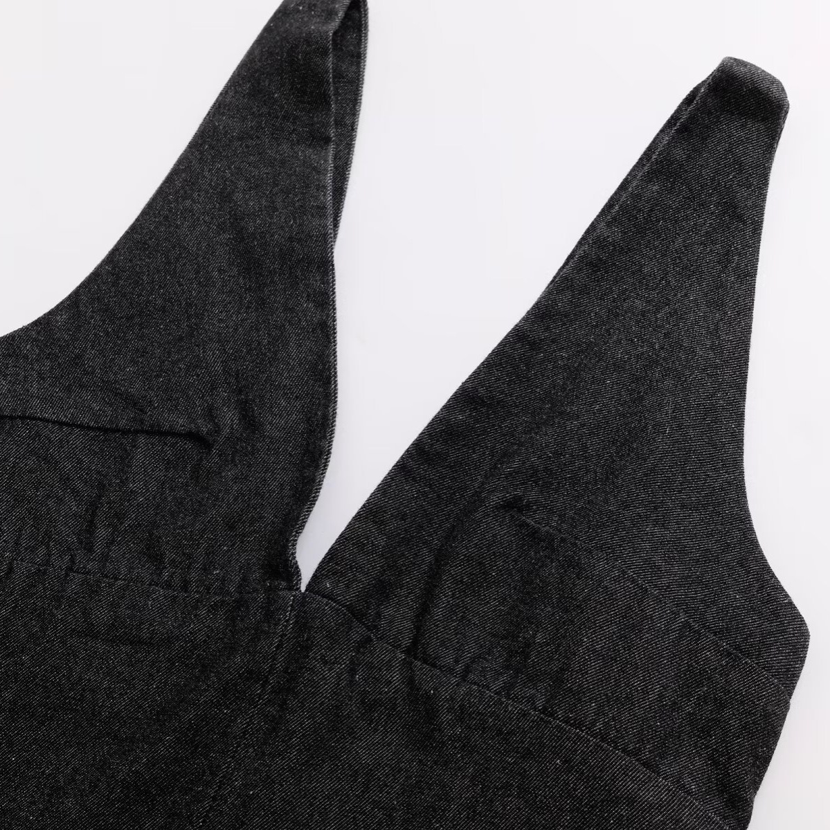 V-Neck Denim Dress Solid Color A-Line Midi