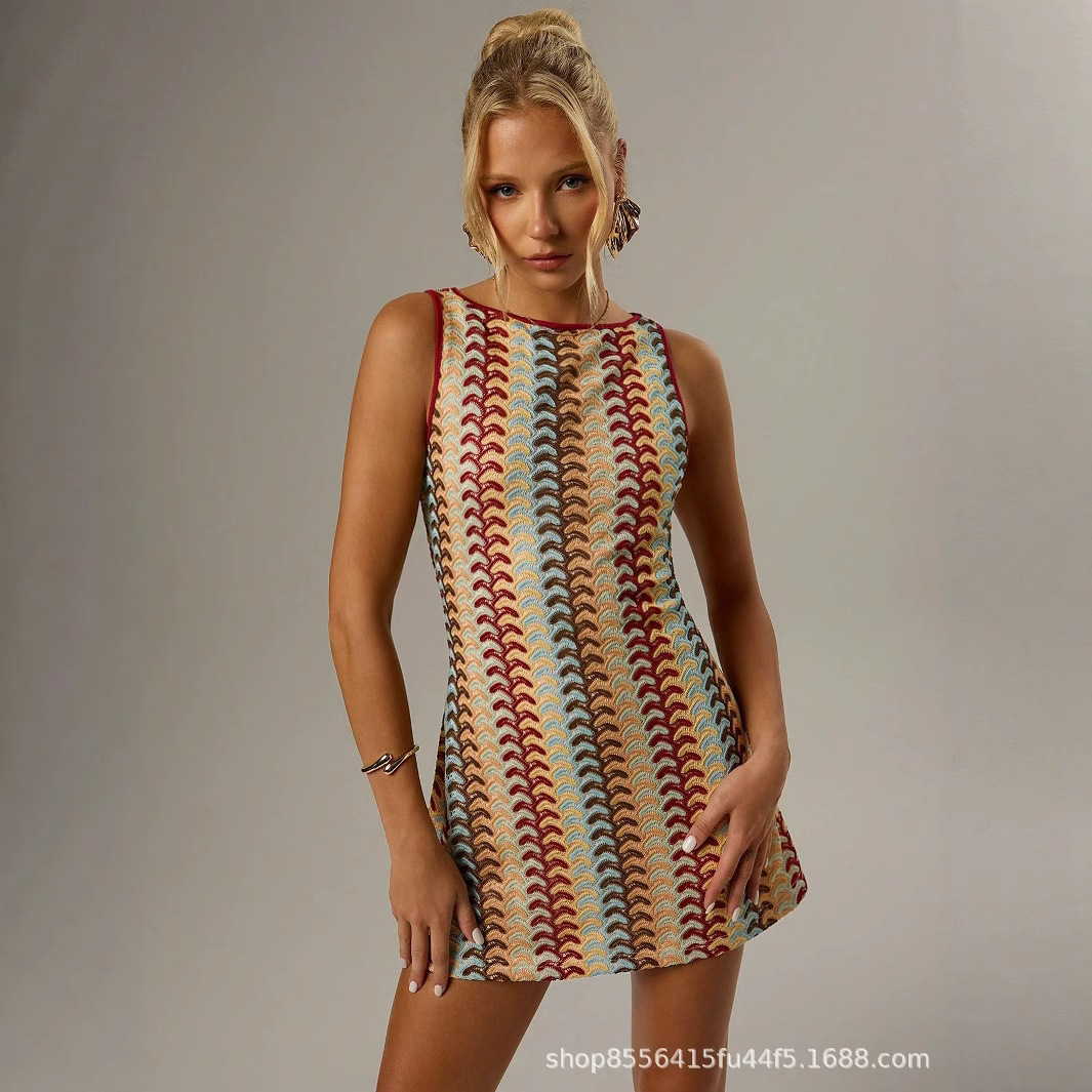 Crochet Pattern Colorblock Sleeveless A-Line Midi Dress