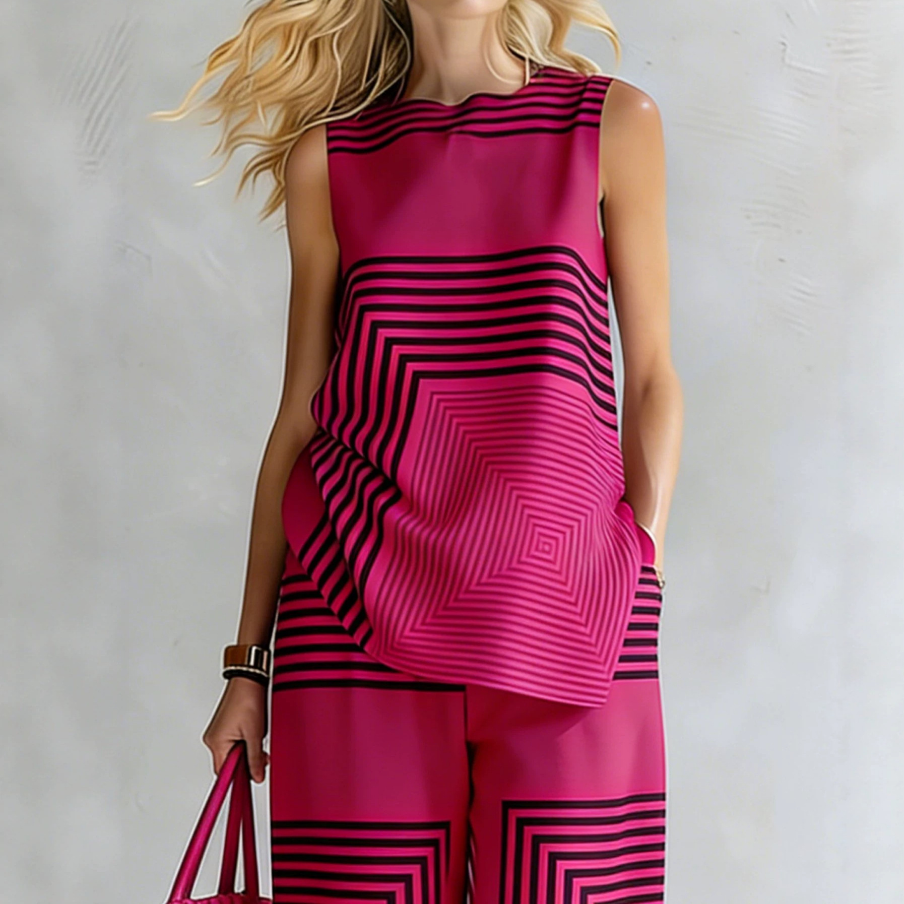 Striped Sleeveless Round Neck Top and Pants Set