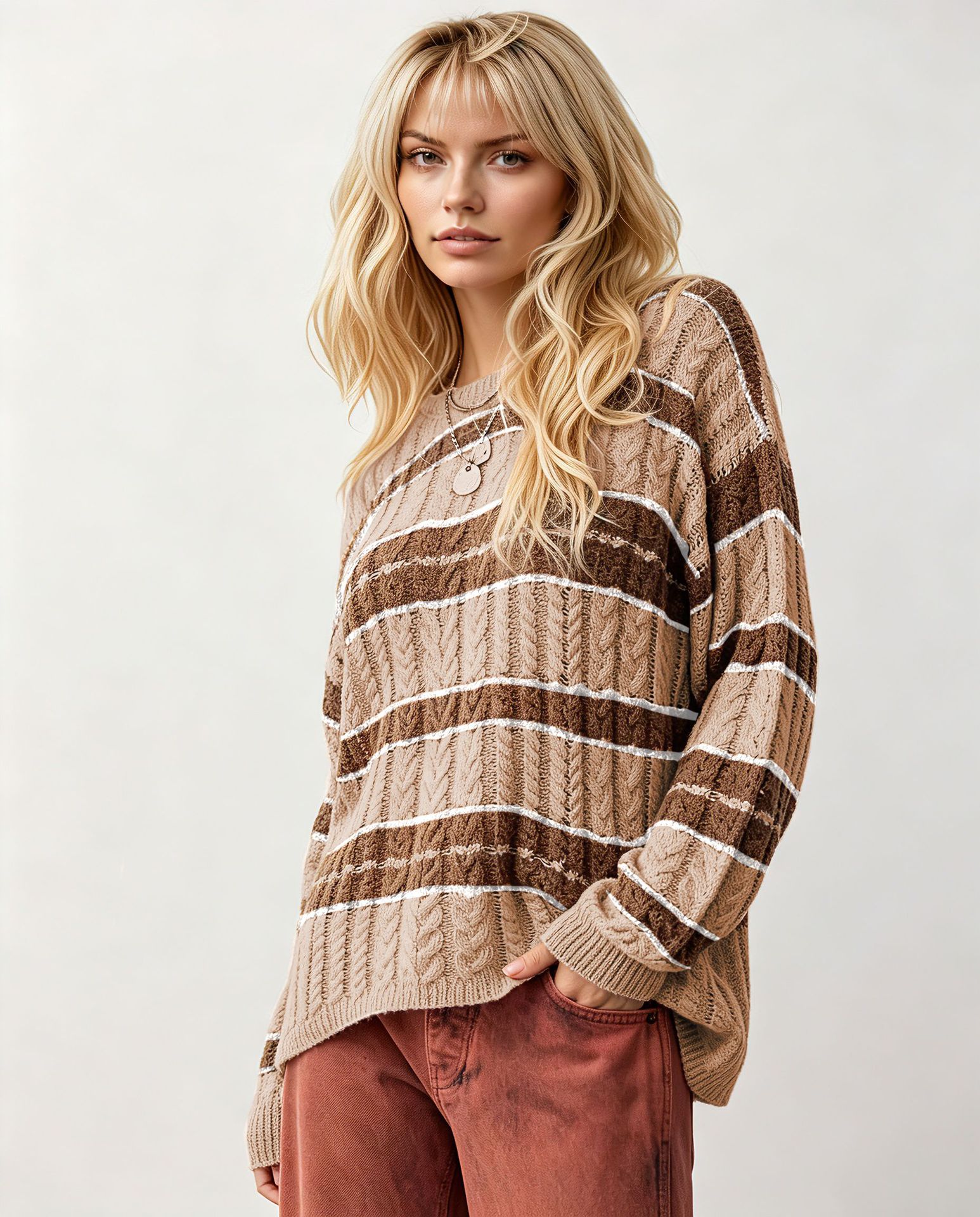 Striped Cable-Knit Pullover Sweater Women's Loose Fit Crew Neck