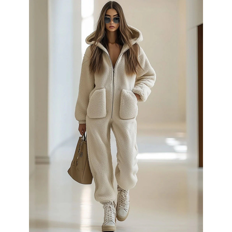 Women's Hooded Fleece Jumpsuit with Pockets Straight Leg Loose Fit