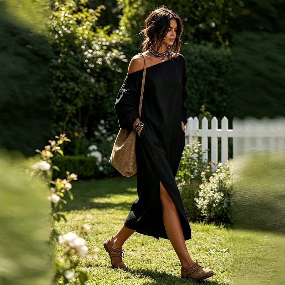 Boho Off-Shoulder Long-Sleeve Maxi Dress with Pockets