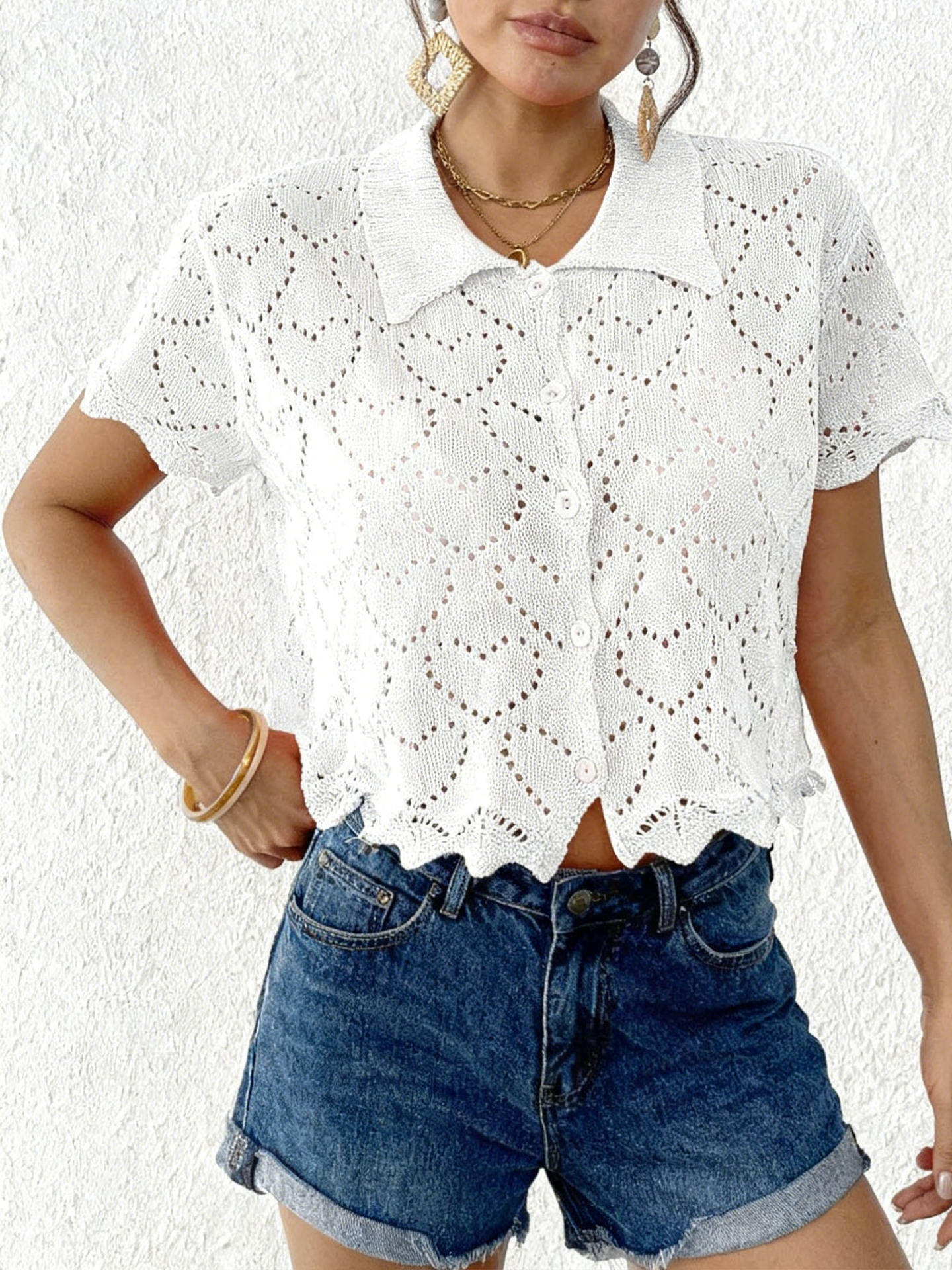 Women's Open Front Cardigan Heart Jacquard Knit Polo Top