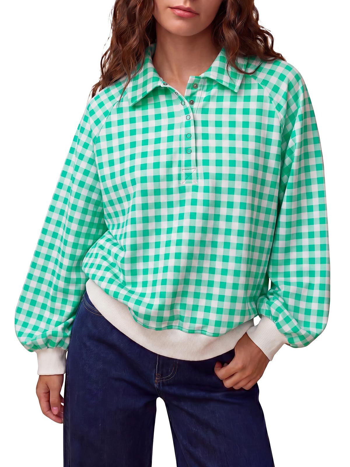 Women's Plaid Polo Neck Loose Long Sleeve Pullover Sweatshirt