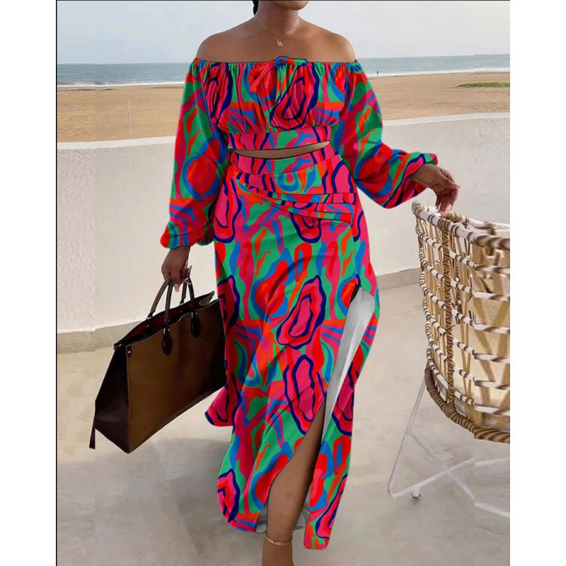 Off-Shoulder Slit Dress Set with Printed Top