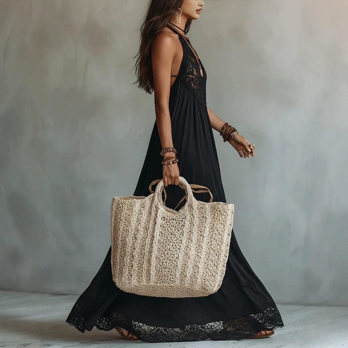 Black Lace Panel Sleeveless Maxi Dress Loose Vacation Style