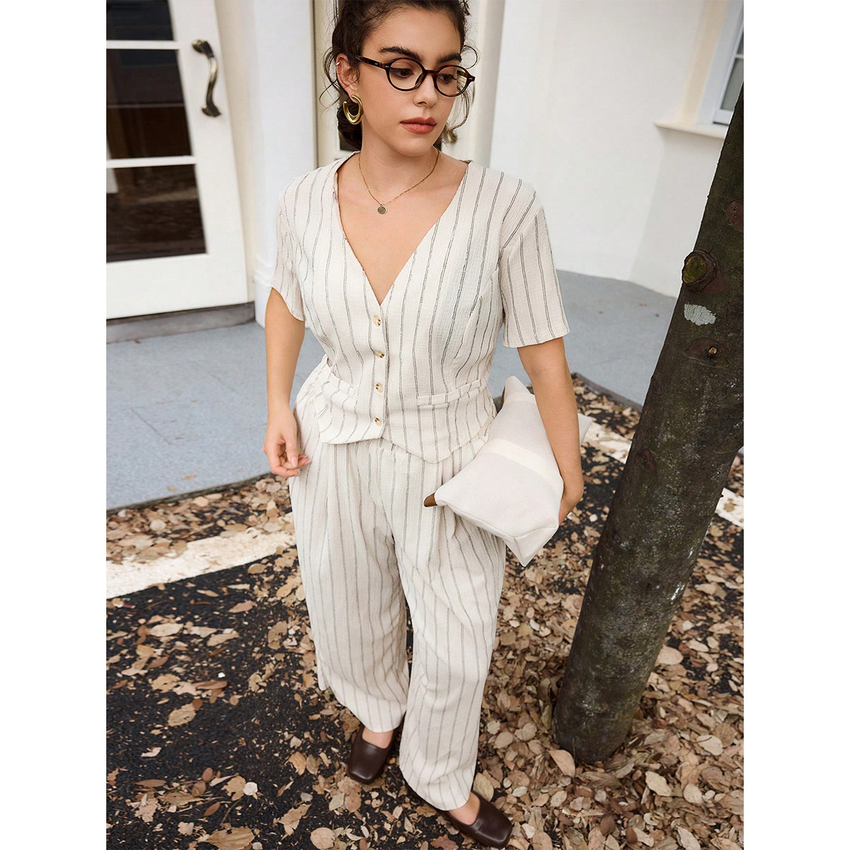 Minimalist Striped Vest & Wide-Leg Pants Set