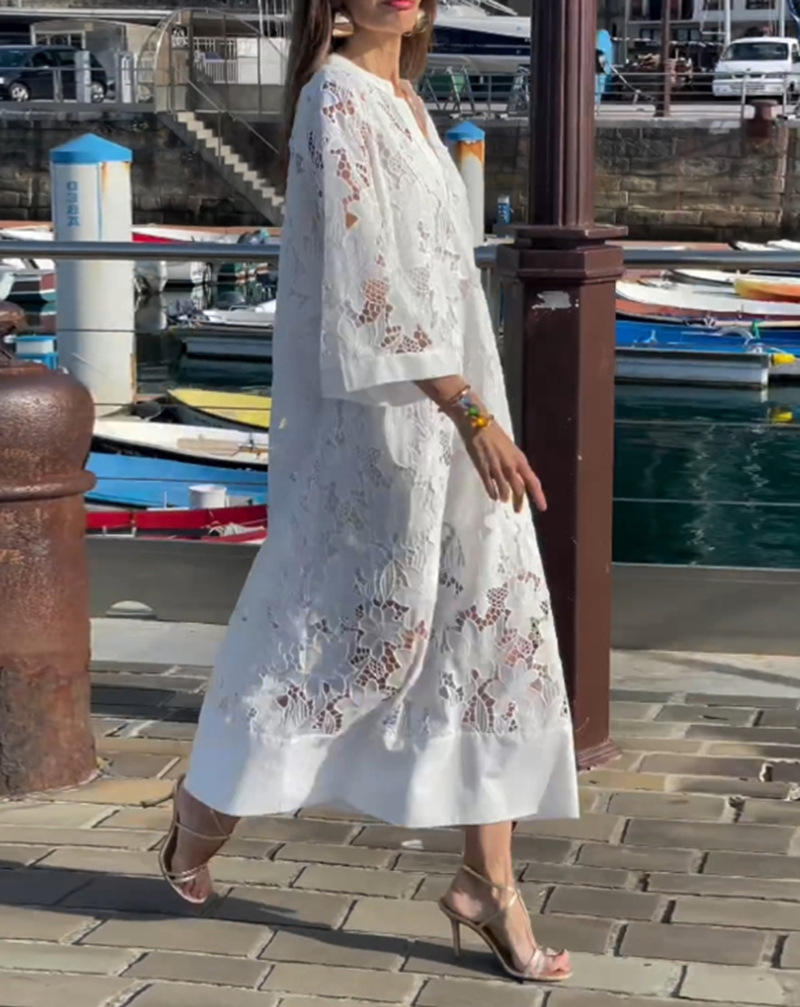 V-Neck Long Sleeve Lace Hollow-Out Maxi Dress