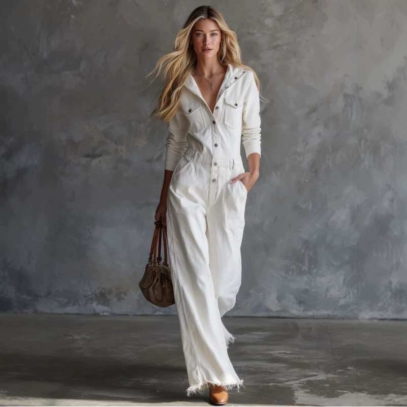 Women's White Denim Hooded Jumpsuit Retro Casual