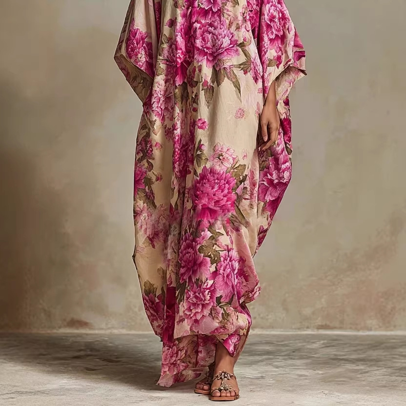 Women's Loose Long Print Dress with Deep V-Neck