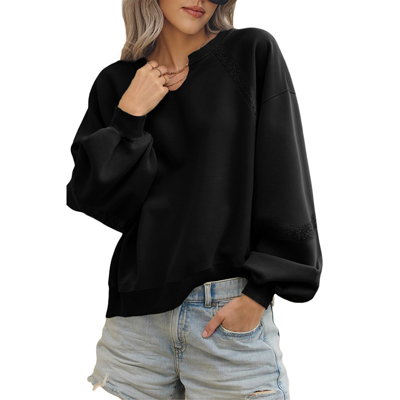 Solid Half-Open Collar Lace Trim Loose Long-Sleeve Sweatshirt