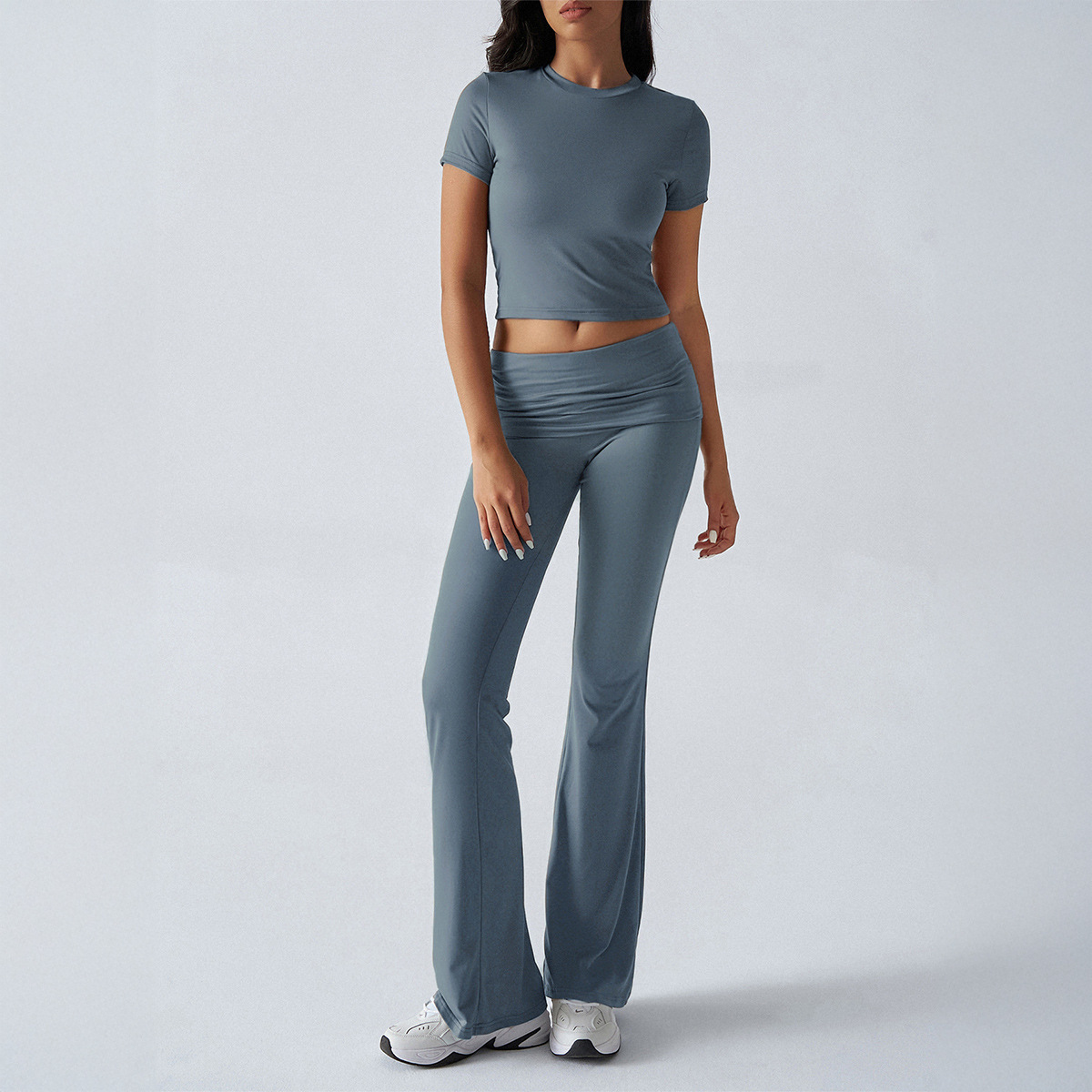 Women's Solid Color Slim Fit Short Sleeve Top and Pants Set