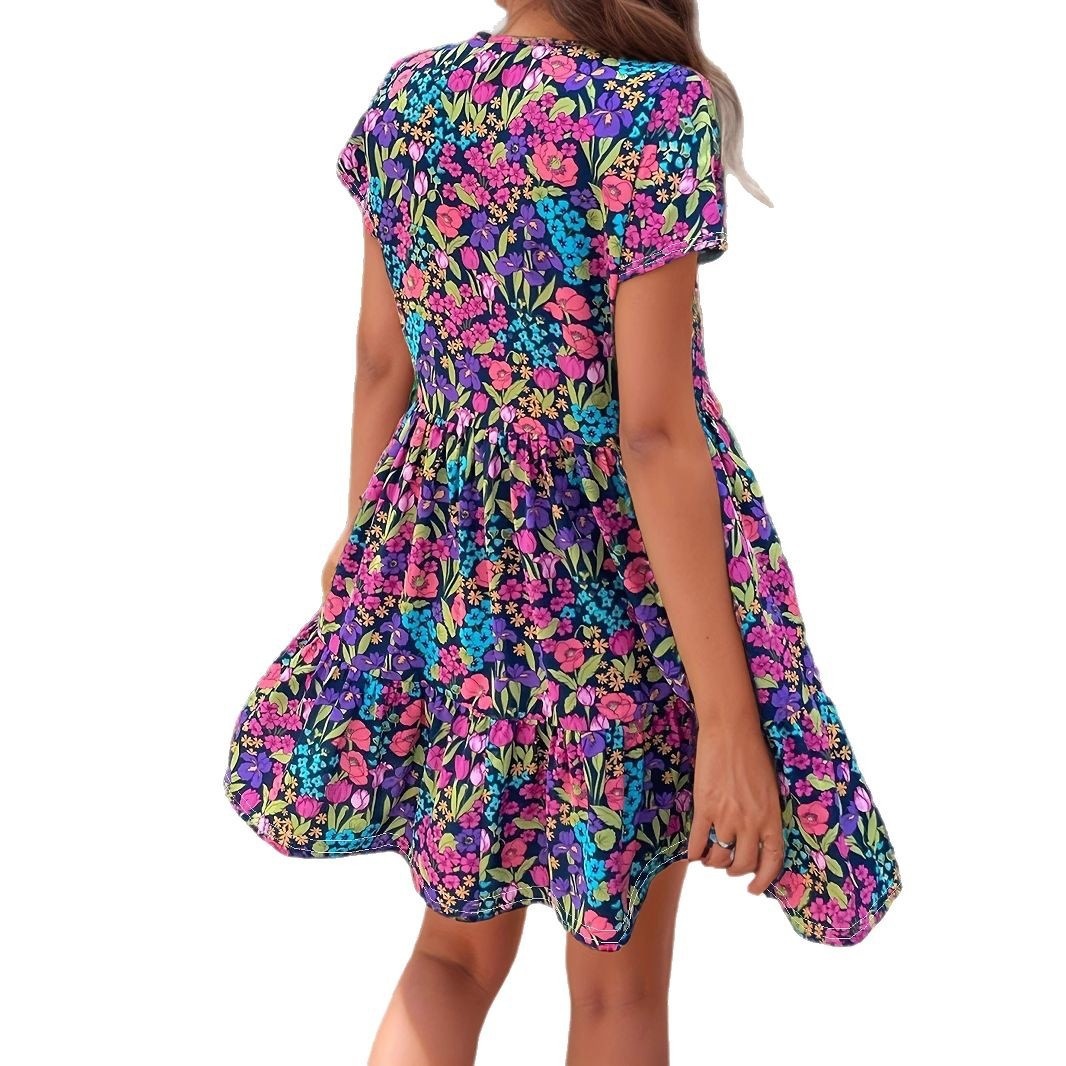 Colorful Floral V-Neck Mini Dress with Flutter Sleeves and Fit-and-Flare Skirt