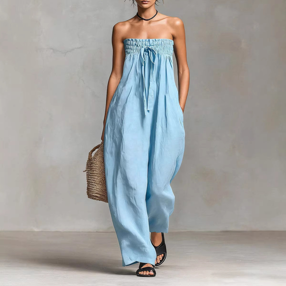 Women's Strapless Tie-Front Smocked Jumpsuit