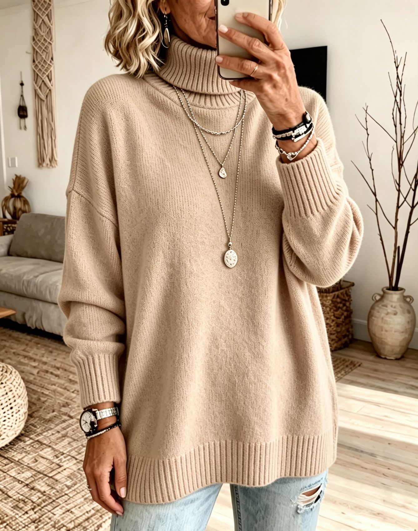 Women's Turtleneck Sweater Loose Knit Pullover Soft Thickened Base Layer