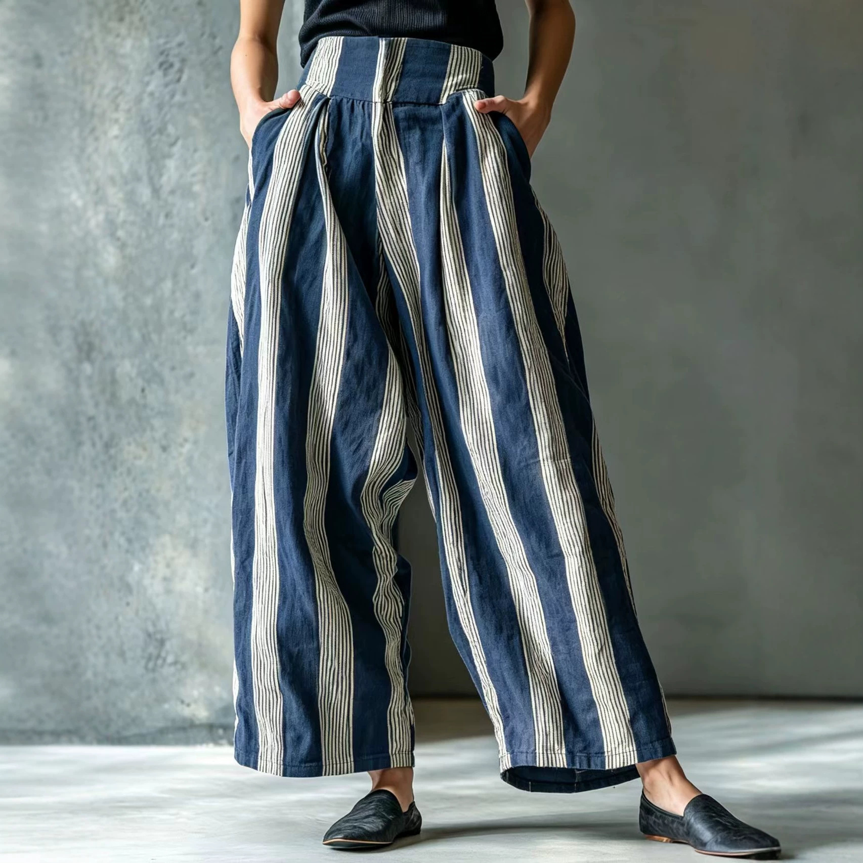 Striped Linen-Blend Wide-Leg Pants for Women, Relaxed Fit, High Waist