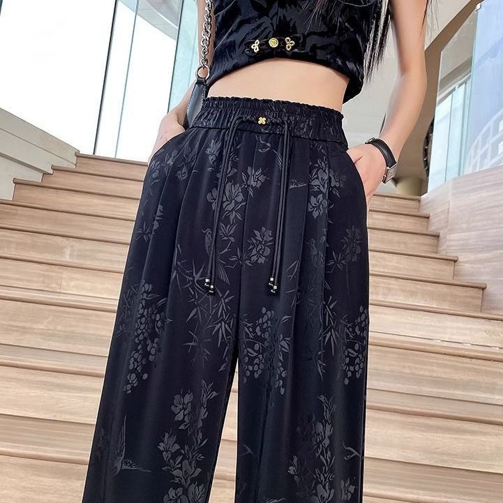 New Chinese Style Ice Silk Wide-Leg Pants Women's Floral Print Straight-Leg