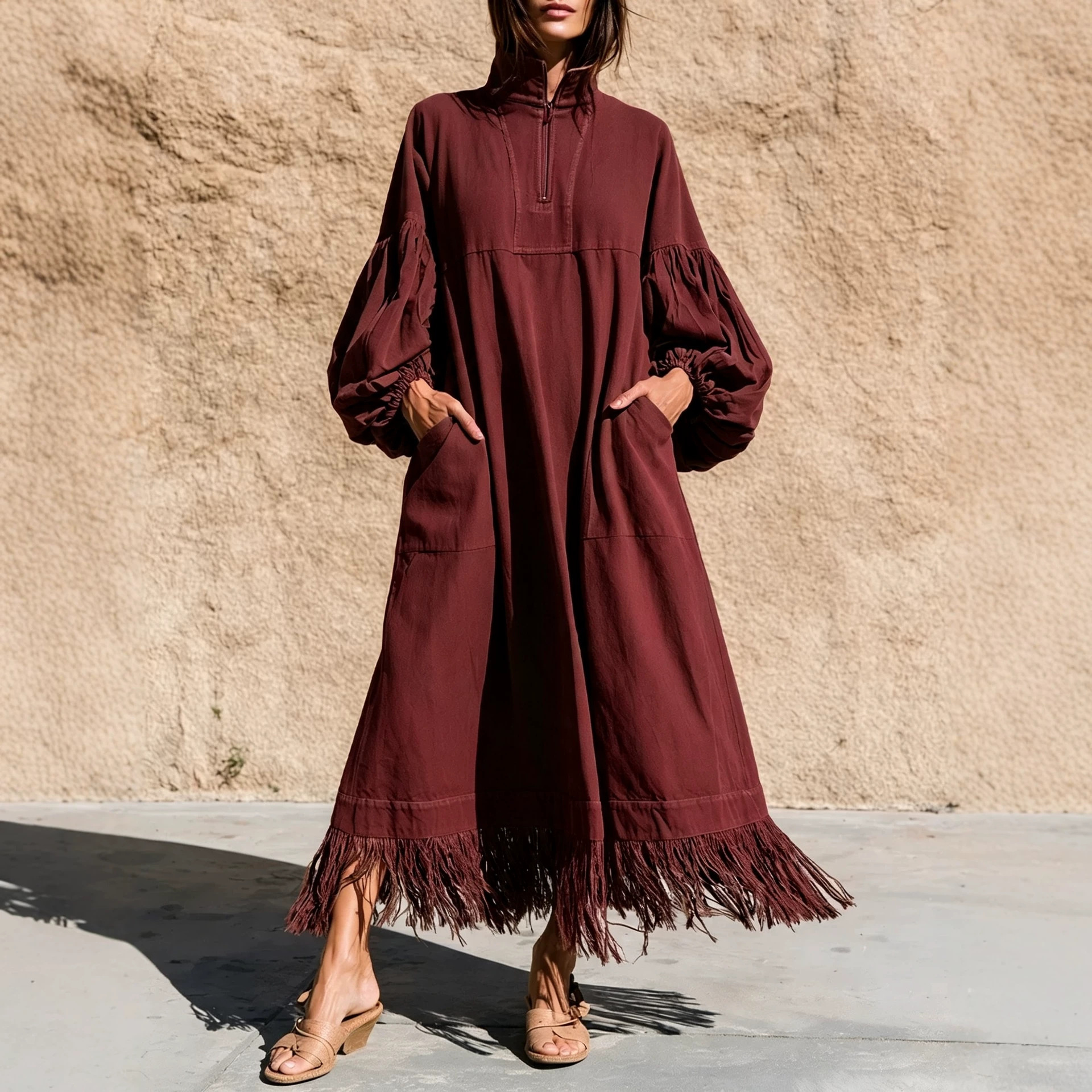 Women's Stand Collar Zip Lantern Sleeve Loose Dress with Fringe Hem