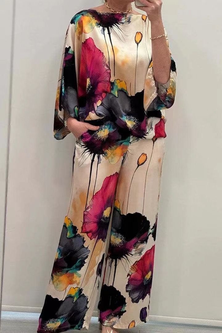 Urban Elegant Satin Off-Shoulder Loose Floral Print Batwing Sleeve Drawstring Pants Set