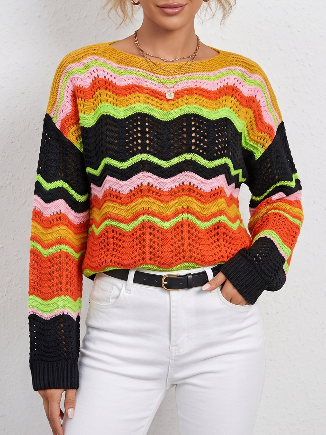 Rainbow Striped Openwork Knit Pullover Sweater