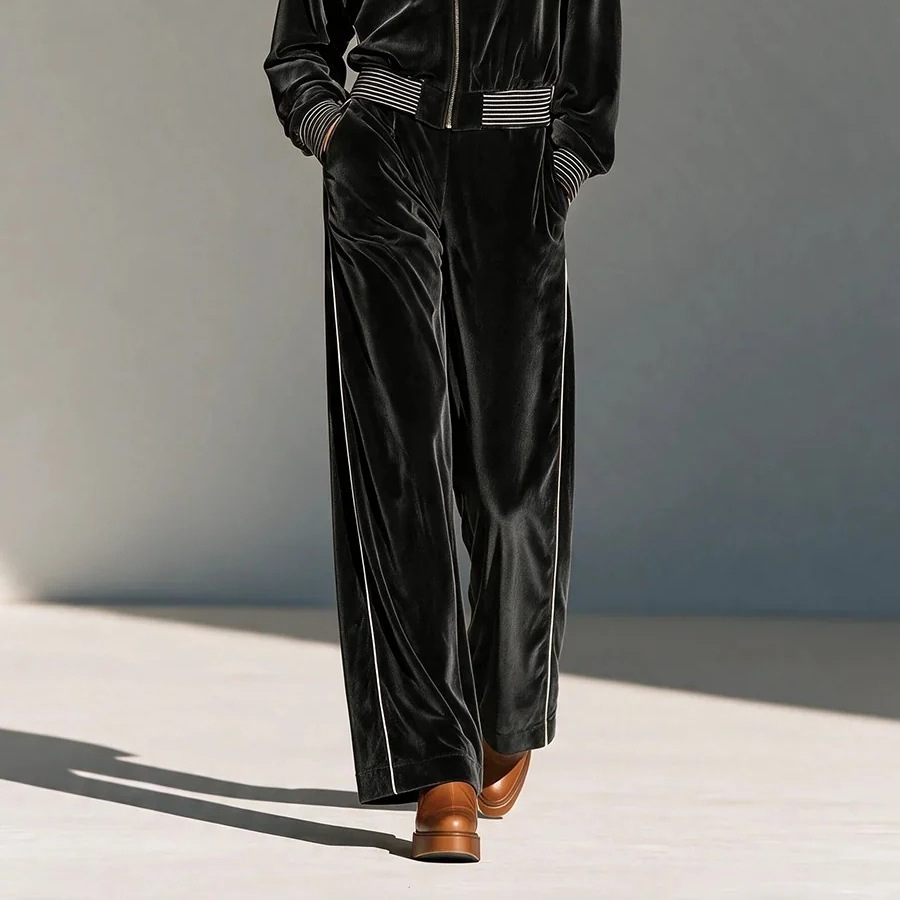 Black Velvet Striped Two-Piece Set with Lapel Zip Jacket and High-Waist Wide-Leg Pants