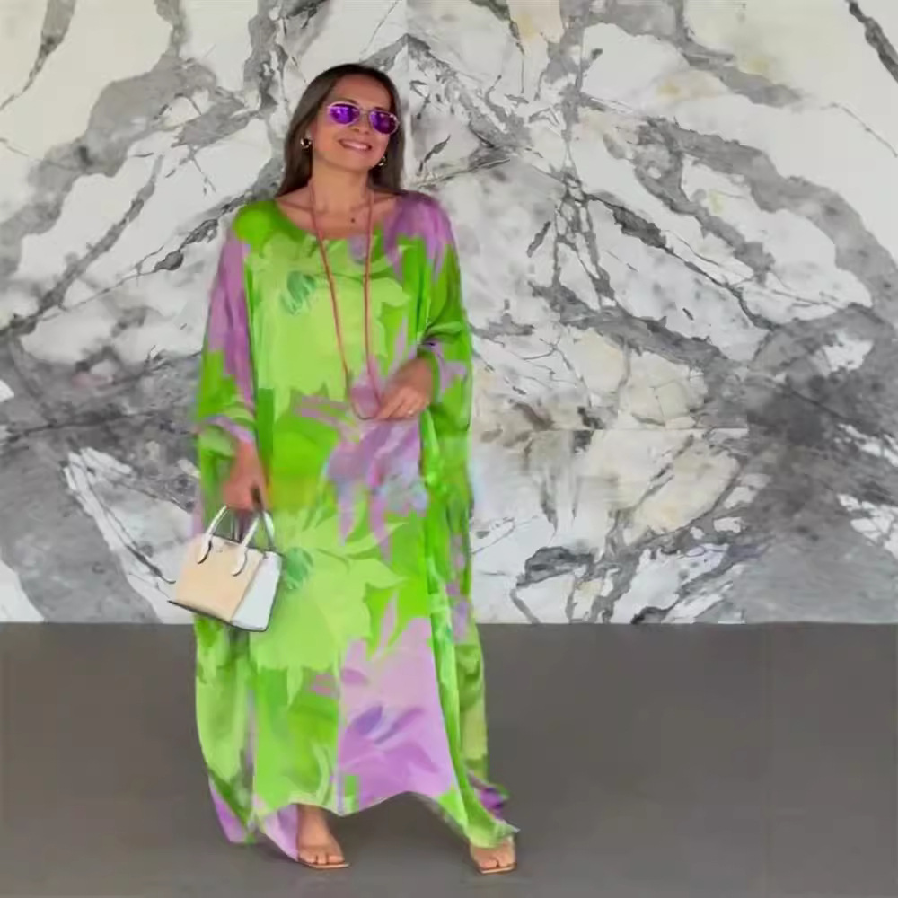 Floral Print Round Neck Long Sleeve A-Line Dress