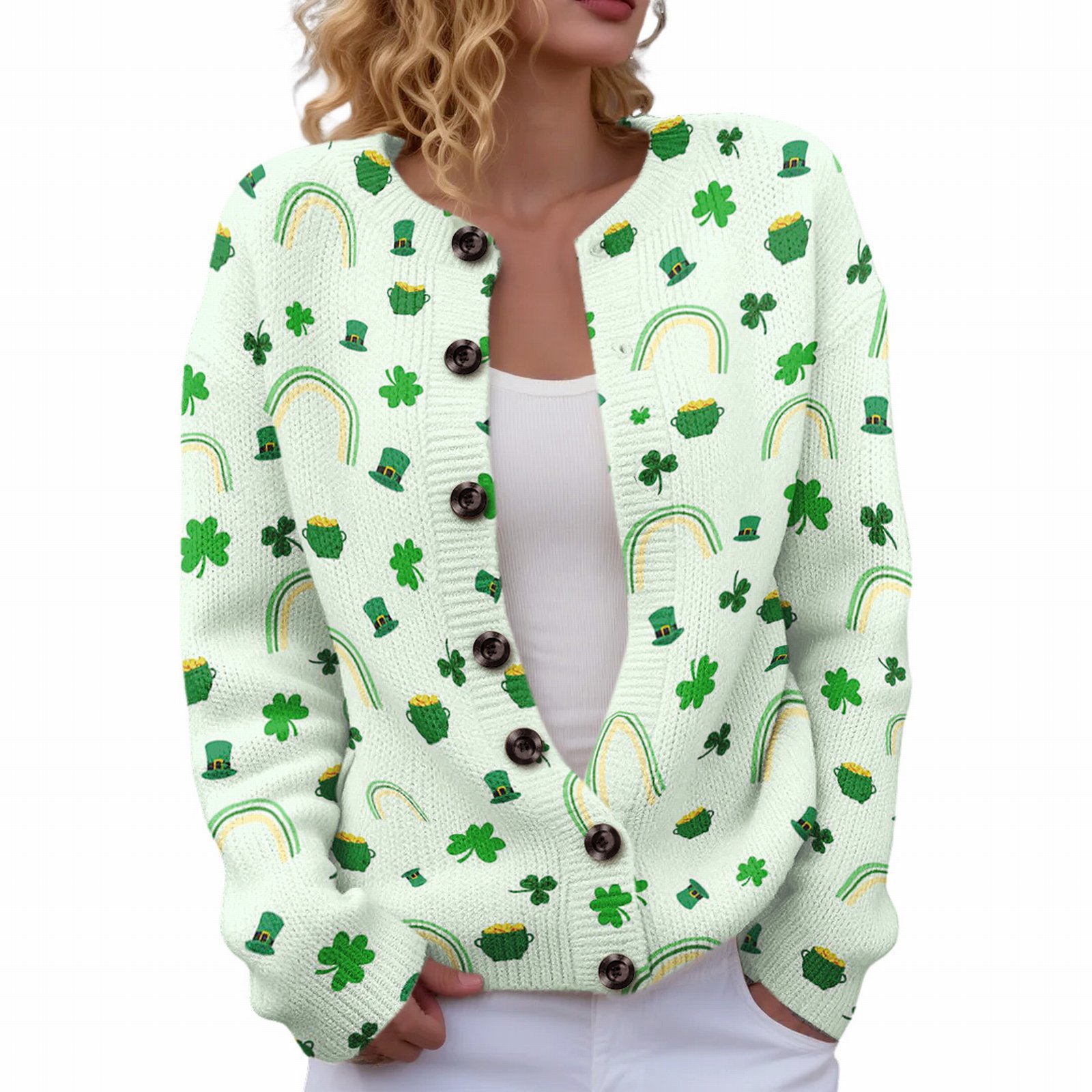Women's Four-Leaf Clover Print Button Cardigan Sweater