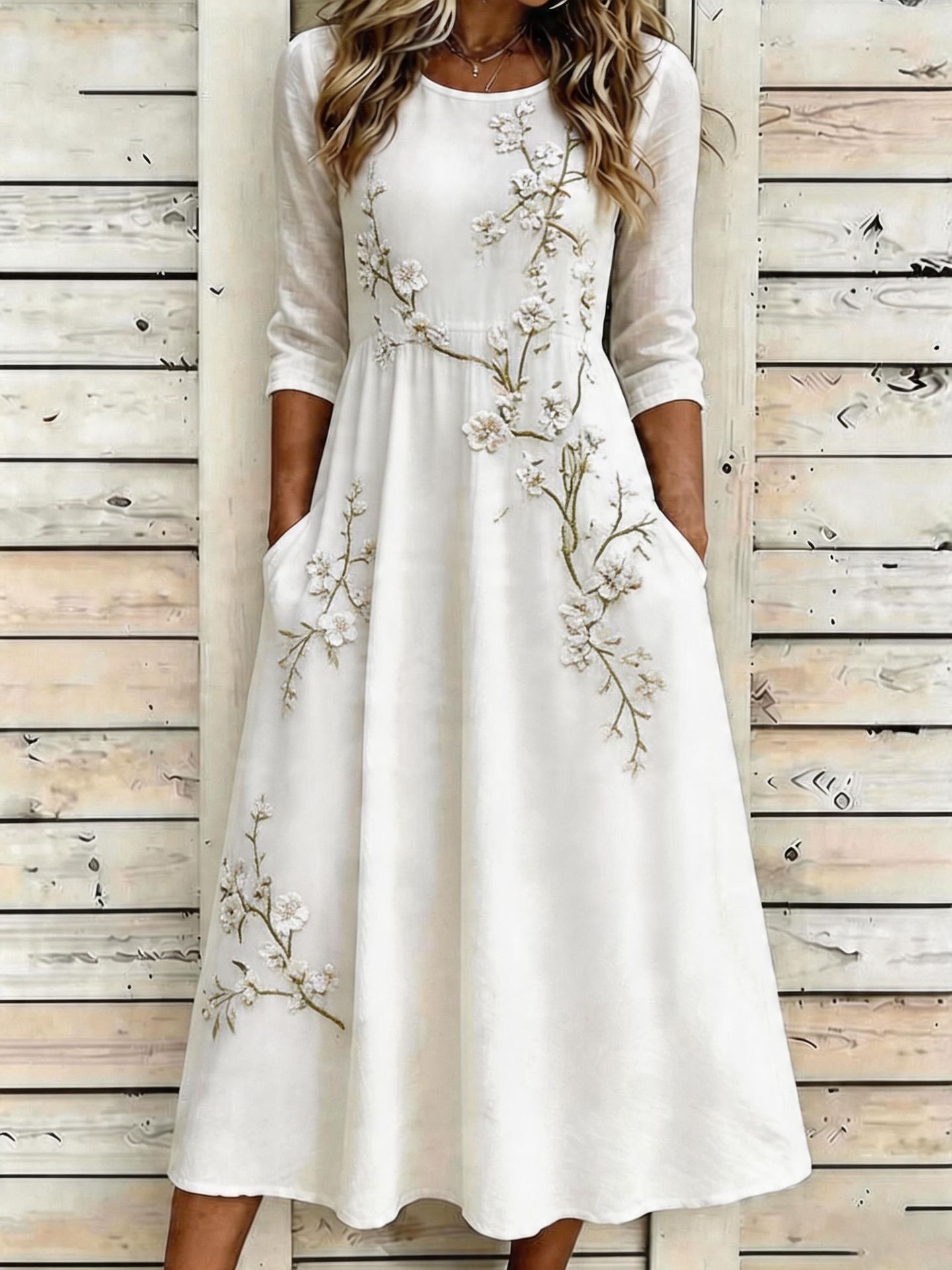 Floral Embroidered Midi Dress with Pockets