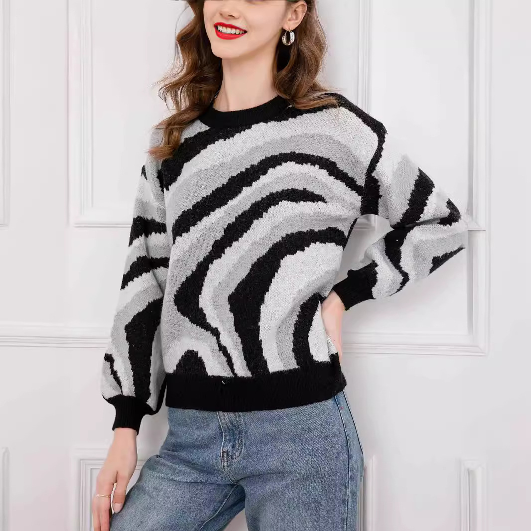 Women's Plus Size Zebra Print Knit Sweater Crewneck Long Sleeve Pullover