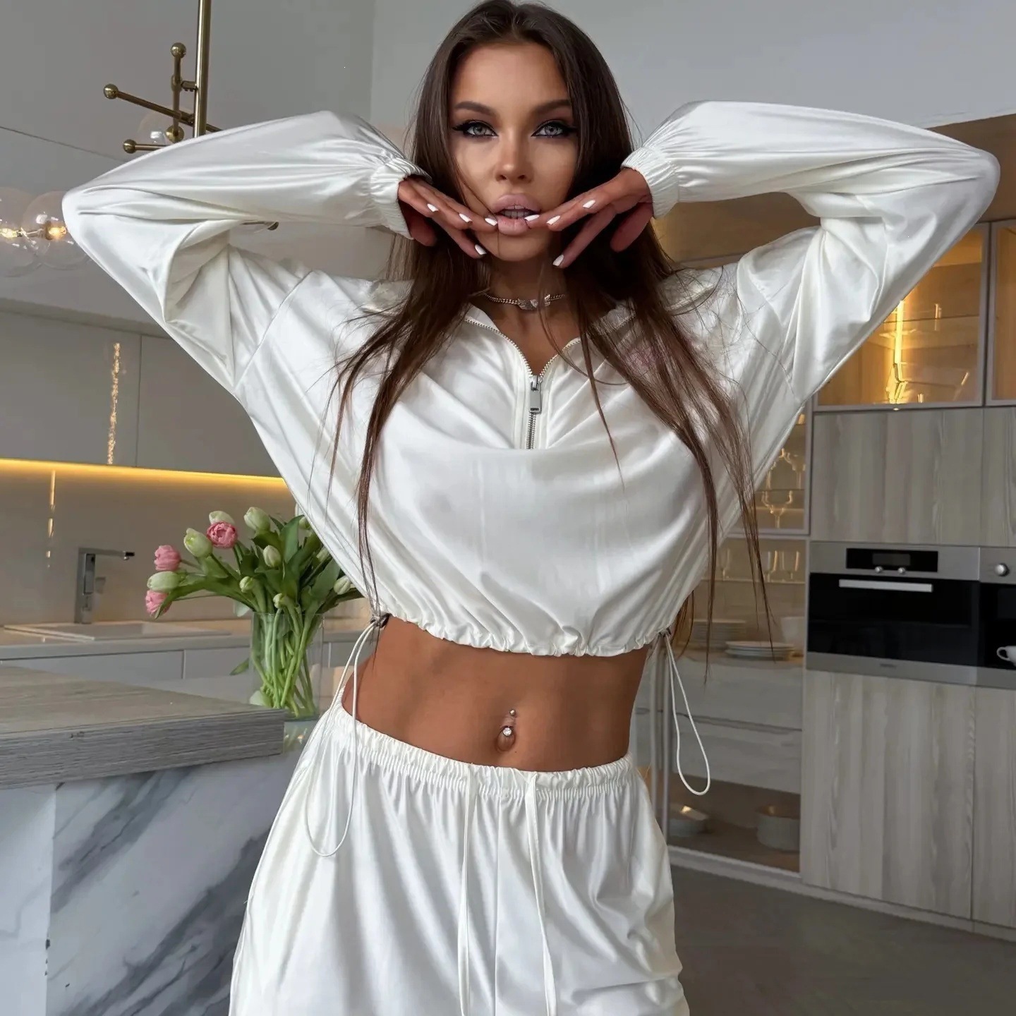 Women's Solid Color Long Sleeve Zip Cardigan and Wide-Leg Pants Lounge Set