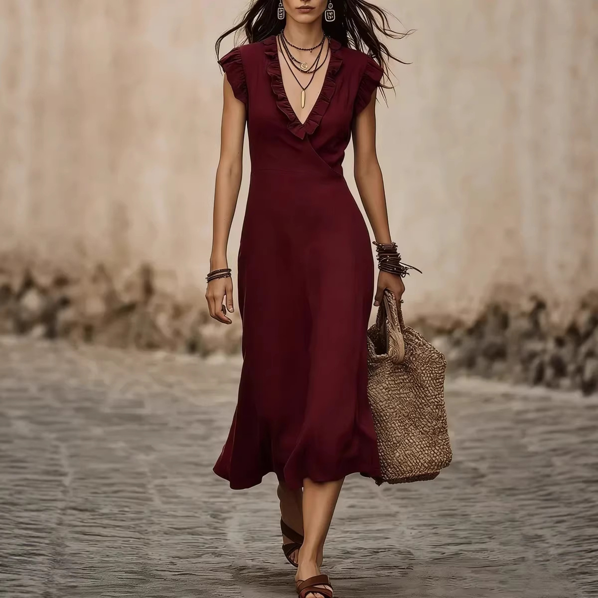 Women's French V-Neck Cotton-Linen Flutter Sleeve Ruffle Midi Dress