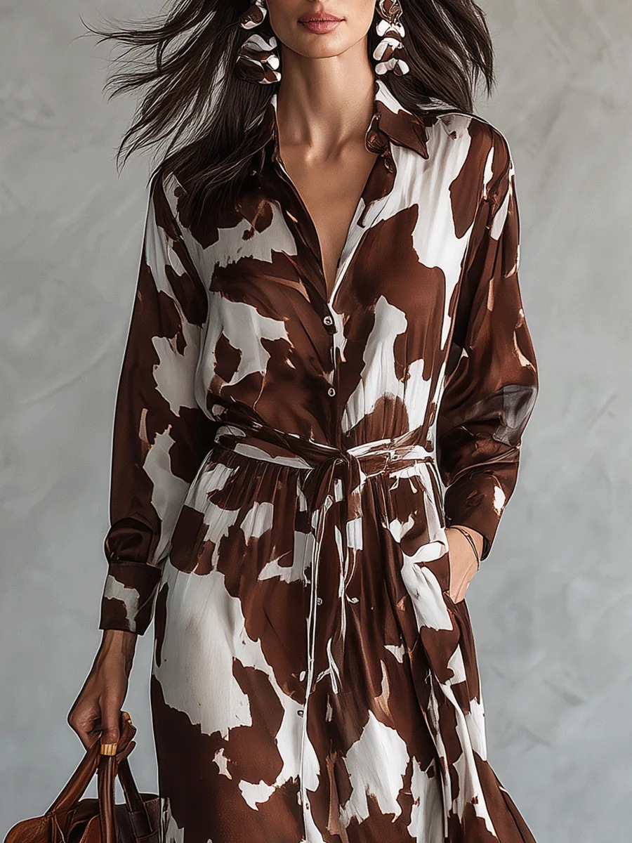 Brown Cow Print Long Sleeve V-Neck High Waist Maxi Dress