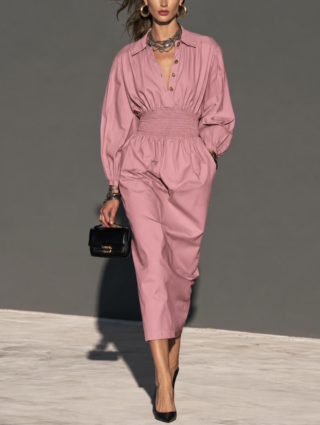 Collared Button Waist-Cinched A-Line Midi Dress