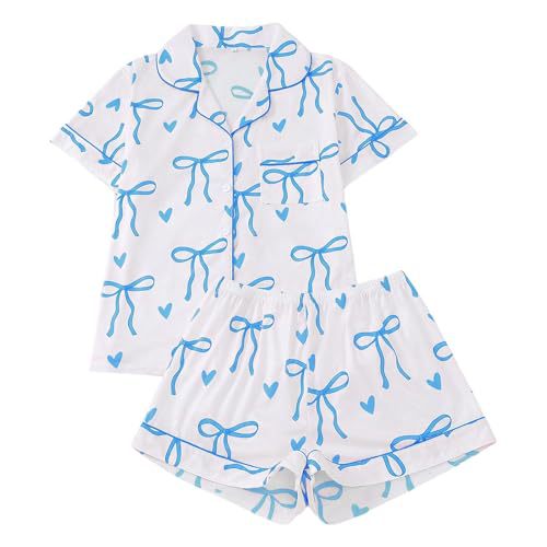 Women's Cuban Collar Short Sleeve Shirt Set with Ribbon Bow